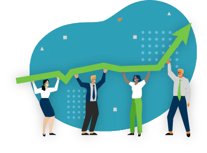 Illustration of people holding up a rising green arrow graph